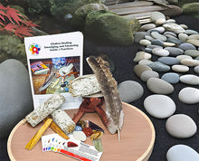 Load image into Gallery viewer, 9 to 23 Pc Chakra Healing Smudging and Cleansing Kit with 3 White Sage Bundles, 2 Palo Santo Sticks, Shell with Tripod Stand, Feather, and Instructions. Ultimate Kit Includes Chakra Stones and Cards