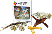 Load image into Gallery viewer, 9 Pc Smudging and Cleansing kit with 3 white sage bundles, 2 palo santo sticks, 1 abalone shell with tripod stand, 1 feather and 1 (4) page instruction pamphlet.