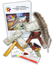 Load image into Gallery viewer, 23 Pc Ultimate Smudging and Cleansing kit with 3 white sage bundles, 2 palo santo sticks, 7 Unique Chakra Stones, 7 Chakra Stone ID Cards, 1 abalone shell with tripod stand, 1 feather and 1 (12) page instruction booklet.