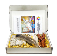 Load image into Gallery viewer, 9 Pc Smudging and Cleansing kit with 3 white sage bundles, 2 palo santo sticks, 1 abalone shell with tripod stand, 1 feather and 1 (4) page instruction pamphlet.