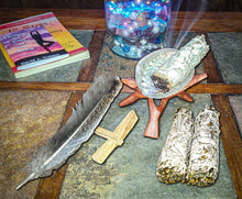 Load image into Gallery viewer, 9 Pc Smudging and Cleansing kit with 3 white sage bundles, 2 palo santo sticks, 1 abalone shell with tripod stand, 1 feather and 1 (4) page instruction pamphlet.