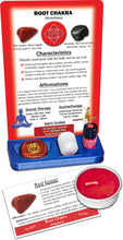 Load image into Gallery viewer, meditation altar base with chakra healing card, engraved chakra symbol crystal, selenite crystal, essential oil, ID card and galaxy blue altar base.