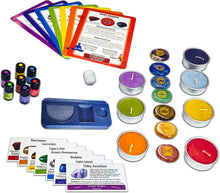 Load image into Gallery viewer, Chakra Healing Altar and Meditation Kit (41 pc): 7 Engraved Chakra Symbols Stones, 7 Chakra Healing Cards, 7 Essential Oil Blends, 8 Scented Candles, 7 Stone ID Cards, 1 Selenite Crystal, 1 Chakra Diagram, 1 velvet pouch, 1 Altar Base, 1 instructions