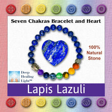 Load image into Gallery viewer, Lapis lazuli and chakra bracelet in jewelry box. Shows image that is used on top of product box with Deep Healing Light logo, all seven chakra symbols and a note about being 100% natural stone.