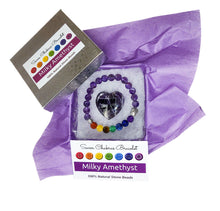 Load image into Gallery viewer, Milky amethyst heart and chakra bracelet in jewelry box with violet tissue paper, information card and lid