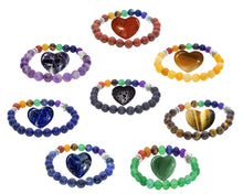 Load image into Gallery viewer, All 8 chakra hearts and bracelets. Red jasper, carnelian, tiger's eye, green aventurine, sodalite, lapis lazuli, milky amethyst and lava stone.