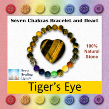 Load image into Gallery viewer, Tiger's eye heart and chakra bracelet in jewelry box. Shows image that is used on top of product box with Deep Healing Light logo, all seven chakra symbols and a note about being 100% natural stone.