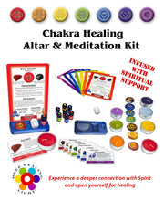 Load image into Gallery viewer, Chakra Healing Altar and Meditation Kit (41 pc): 7 Engraved Chakra Symbols Stones, 7 Chakra Healing Cards, 7 Essential Oil Blends, 8 Scented Candles, 7 Stone ID Cards, 1 Selenite Crystal, 1 Chakra Diagram, 1 velvet pouch, 1 Altar Base, 1 instructions