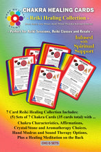 Load image into Gallery viewer, Reiki Supplies - Chakra Healing Cards for Sessions and Classes - 5 Sets of 7 - Affirmations, Chakra Symbols, Guided Meditations for Clients (35 cards)