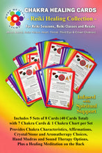 Load image into Gallery viewer, Reiki Supplies - Chakra Healing Cards for Sessions and Classes - 5 Sets of 8 - Affirmations, Chakra Symbols, Guided Meditations for Clients (40 cards)