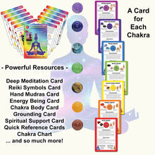 Load image into Gallery viewer, Chakra Healing Cards shown with meditation man with chakra colred pearls, and shows all chakra cards along with some explanations.