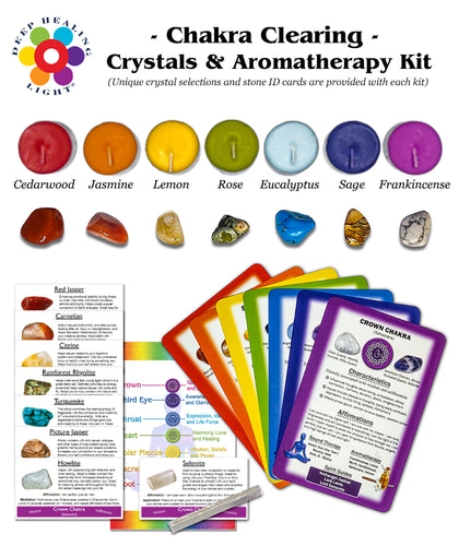 Chakra Clearing Crystal and Aromatherapy Altar Kits (32 Pc): Scented Candles, Chakra Stones, ID Cards, Chakra Healing Cards for Meditation, Reiki, Energy Work - Spirituality and Mindfulness
