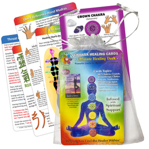 Chakra Healing cards sample with deck in white organza bag