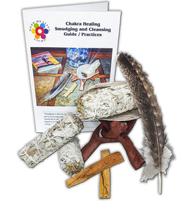 9 Pc Smudging and Cleansing kit with 3 white sage bundles, 2 palo santo sticks, 1 abalone shell with tripod stand, 1 feather and 1 (4) page instruction pamphlet.