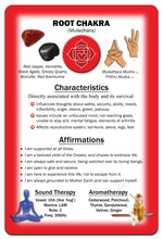 Load image into Gallery viewer, Root Chakra - Chakra Healing Card front view shows stones, hand mudras, charactoristics, affirmations, sound therapy and aromatherapy options.