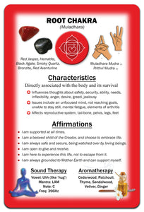 Root Chakra - Chakra Healing Card front view shows stones, hand mudras, charactoristics, affirmations, sound therapy and aromatherapy options.