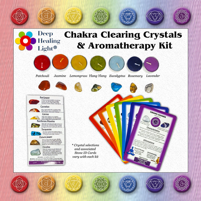 Chakra Clearing Crystal and Aromatherapy Kits with Chakra Scented Candles, Chakra Healing Cards, Chakra Stones and Stone ID Cards for Meditation and Energy Work