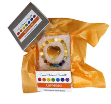 Load image into Gallery viewer, Carnelian heart and chakra bracelet in jewelry box with orange tissue paper, information card and lid