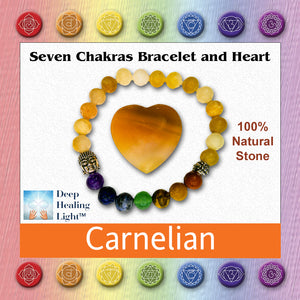 Carnelian heart and chakra bracelet in jewelry box. Shows image that is used on top of product box with Deep Healing Light logo, all seven chakra symbols and a note about being 100% natural stone.