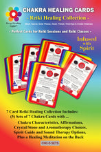 Load image into Gallery viewer, Reiki Supplies - Chakra Healing Cards for Sessions and Classes - 5 Sets of 7 - Affirmations, Chakra Symbols, Guided Meditations for Clients (35 cards)