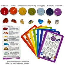 Load image into Gallery viewer, Chakra Clearing Crystal and Aromatherapy Kits with Chakra Scented Candles, Chakra Healing Cards, Chakra Stones and Stone ID Cards for Meditation and Energy Work