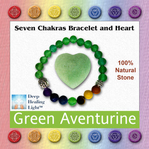 Green aventurine and chakra bracelet in jewelry box. Shows image that is used on top of product box with Deep Healing Light logo, all seven chakra symbols and a note about being 100% natural stone.