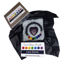 Load image into Gallery viewer, Lava stone heart and chakra bracelet in jewelry box with black tissue paper, information card and lid