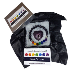 Lava stone heart and chakra bracelet in jewelry box with black tissue paper, information card and lid