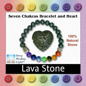 Lava stone and chakra bracelet in jewelry box. Shows image that is used on top of product box with Deep Healing Light logo, all seven chakra symbols and a note about being 100% natural stone.