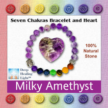 Load image into Gallery viewer, Milky Amethyst and chakra bracelet in jewelry box. Shows image that is used on top of product box with Deep Healing Light logo, all seven chakra symbols and a note about being 100% natural stone.