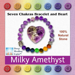 Milky Amethyst and chakra bracelet in jewelry box. Shows image that is used on top of product box with Deep Healing Light logo, all seven chakra symbols and a note about being 100% natural stone.