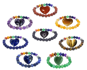 All 8 chakra hearts and bracelets. Red jasper, carnelian, tiger's eye, green aventurine, sodalite, lapis lazuli, milky amethyst and lava stone.