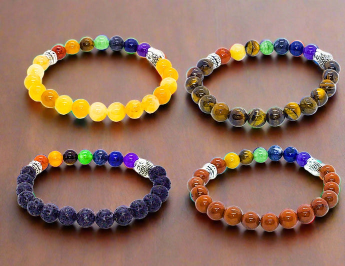 Chakra bead bracelets.  Carnelian, tigers eye, lava stone and red jasper.