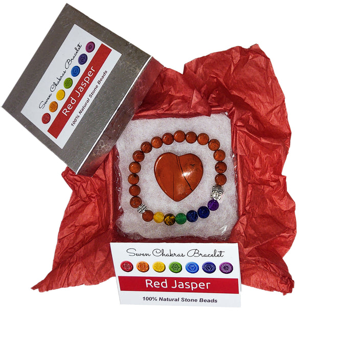 Red jasper heart and chakra bracelet in jewelry box with red tissue paper, information card and lid