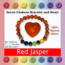 Load image into Gallery viewer, red jasper heart and chakra bracelet in jewelry box. Shows image that is used on top of product box with Deep Healing Light logo, all seven chakra symbols and a note about being 100% natural stone.