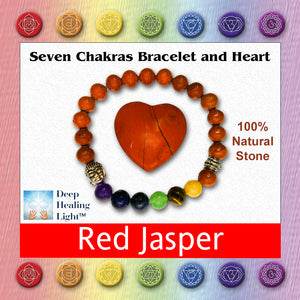 red jasper heart and chakra bracelet in jewelry box. Shows image that is used on top of product box with Deep Healing Light logo, all seven chakra symbols and a note about being 100% natural stone.