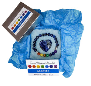Sodalite heart and chakra bracelet in jewelry box with blue tissue paper, information card and lid