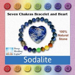 Sodalite heart and chakra bracelet in jewelry box. Shows image that is used on top of product box with Deep Healing Light logo, all seven chakra symbols and a note about being 100% natural stone.
