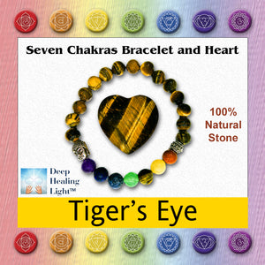 Tiger's eye heart and chakra bracelet in jewelry box. Shows image that is used on top of product box with Deep Healing Light logo, all seven chakra symbols and a note about being 100% natural stone.